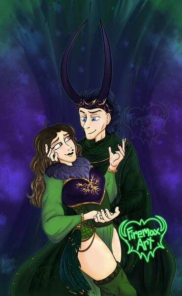Finished Knee-Up Client's OC and God Loki Holding Hands and Gazing at Each Other
